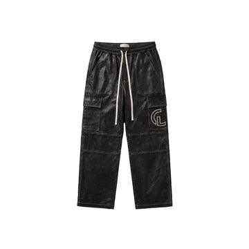 Men's Distressed Sheepskin Leather Cargo Pants — Relaxed Fit | Drawstring Waist | Monogram Detail | No Lining