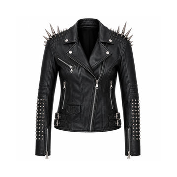 Chrome Riot Men’s Black Cowhide Studded Spike Leather Biker Jacket