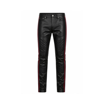 Apex Moto Men’s Black Sheepskin Leather Pants with Burgundy Side Stripes