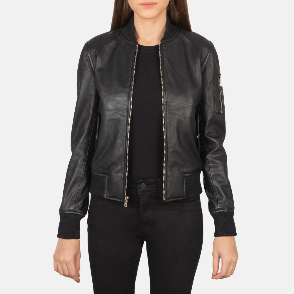 Ava MA-1 Women's Black Genuine Leather Bomber Jacket – Classic Slim Fit Military Style