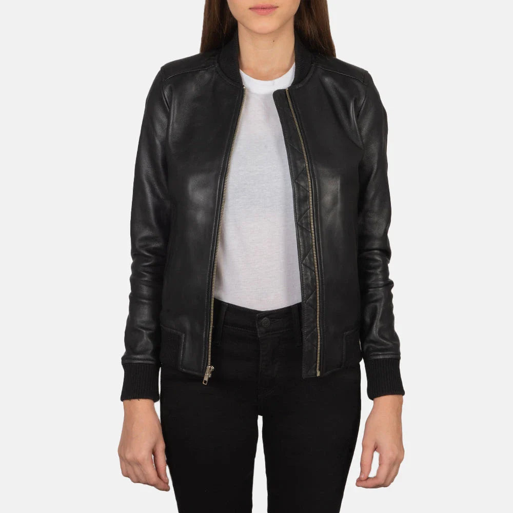 Bliss Women's Black Leather Bomber Jacket – Premium Genuine Lambskin Minimalist Flight Jacket