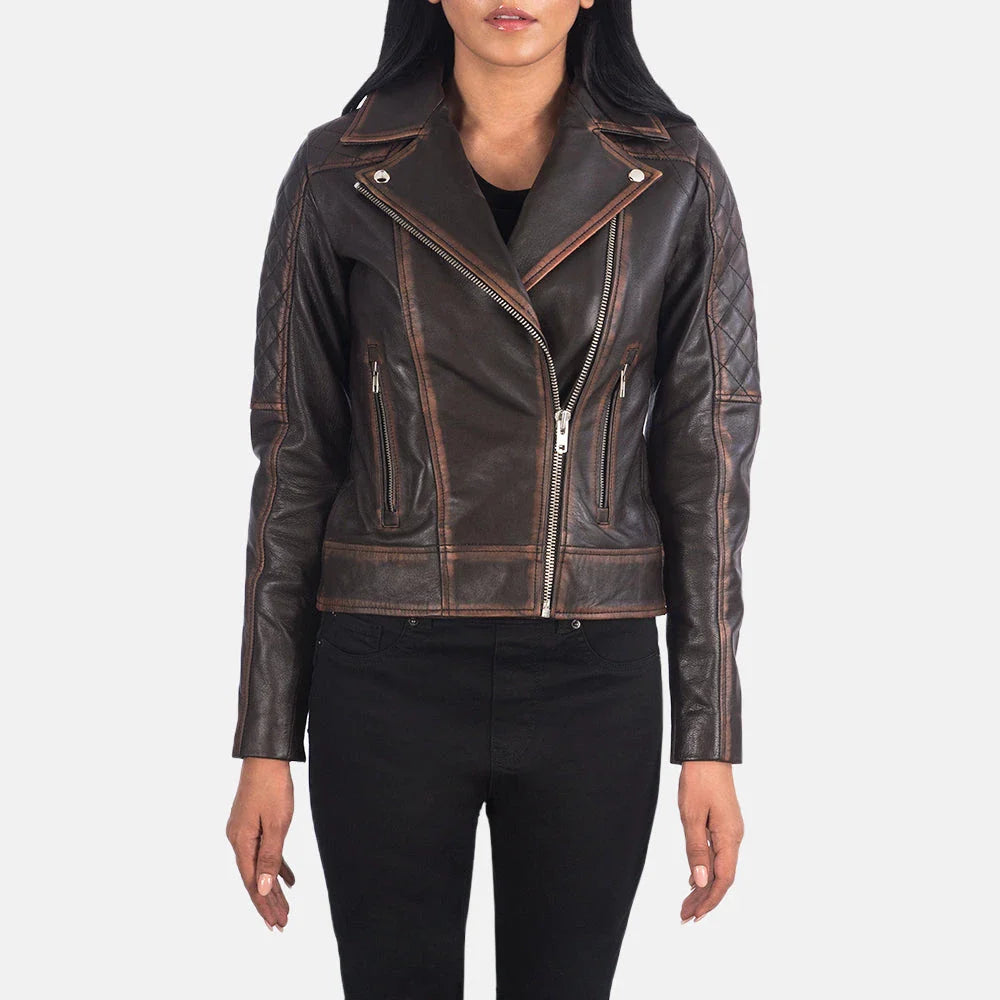Carolyn Women's Vintage Brown Quilted Leather Biker Jacket