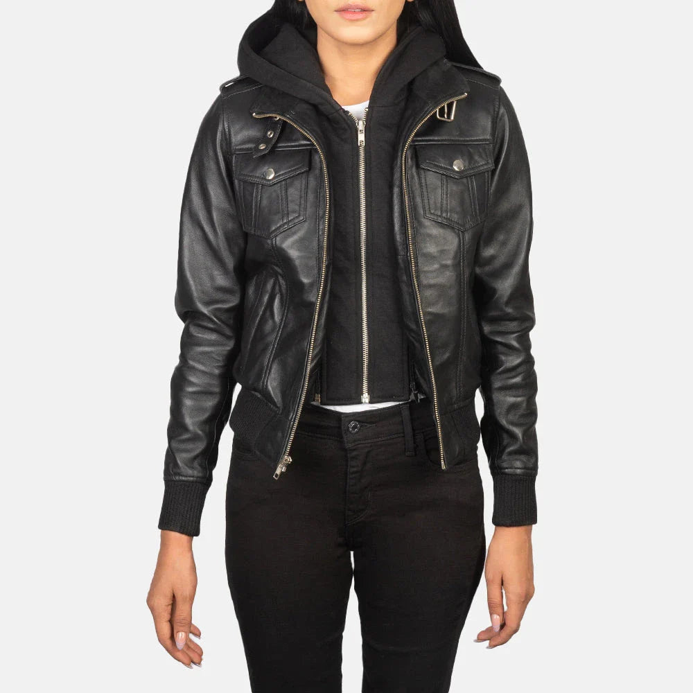 Roslyn Women's Black Hooded Leather Bomber Jacket – Premium Genuine Lambskin Leather with Removable Fleece Hood