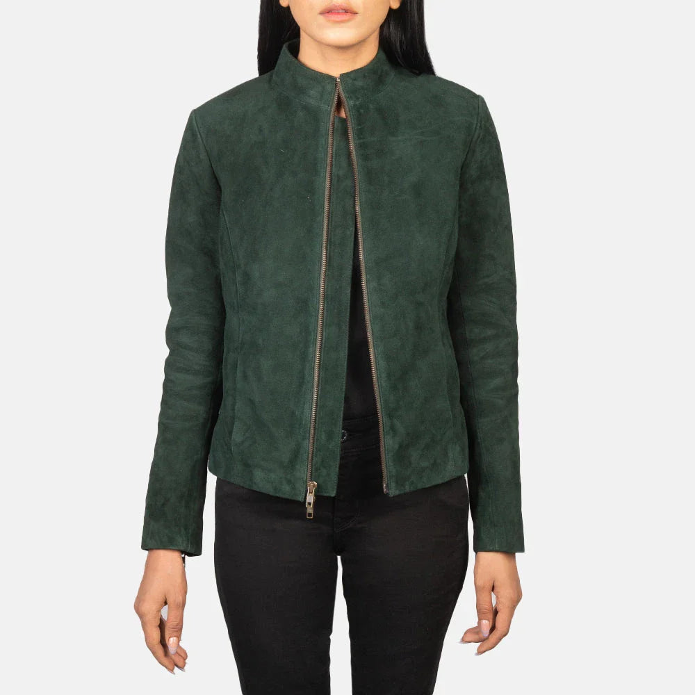 Rumella Women's Forest Green Suede Biker Jacket