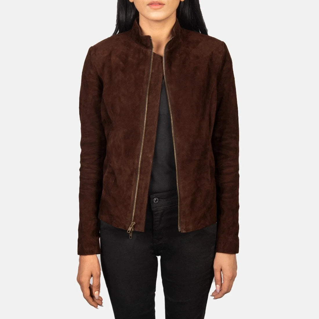 Rumella Women's Mocha Suede Biker Jacket – Premium Genuine Suede Asymmetric Moto Jacket