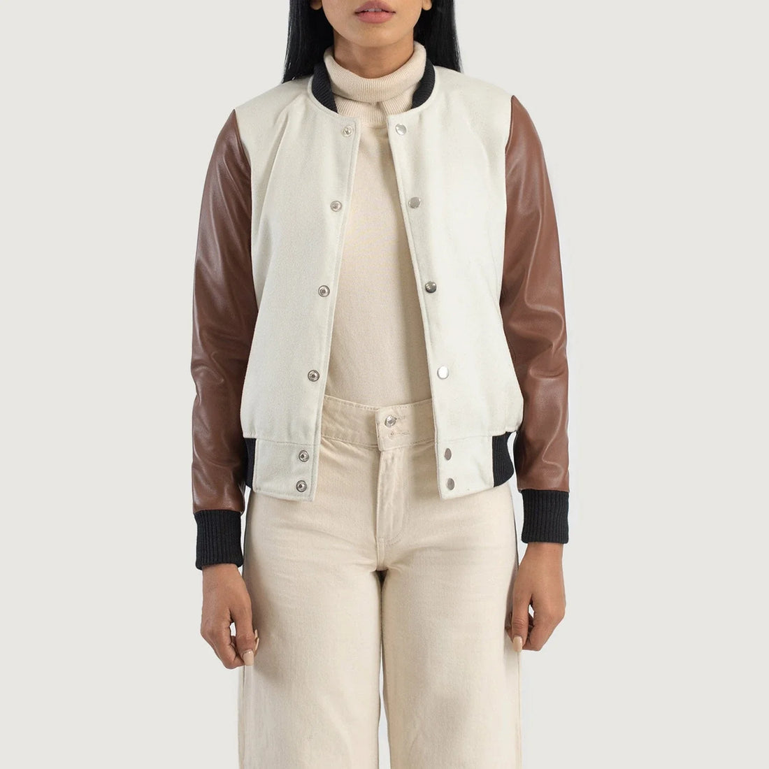 Savant Women's White & Brown Hybrid Varsity Jacket