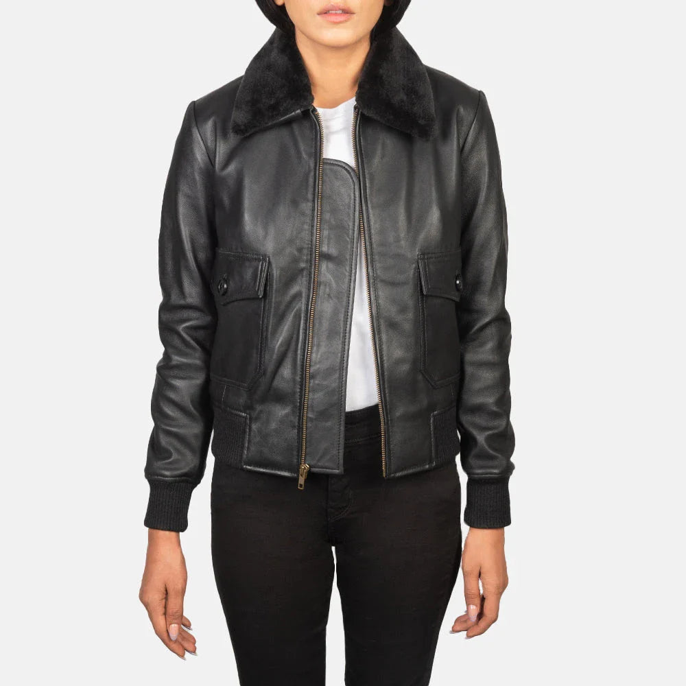 Stella G-1 Women's Black Leather Bomber Jacket – Premium Genuine Leather Flight Jacket with Detachable Faux Fur Collar