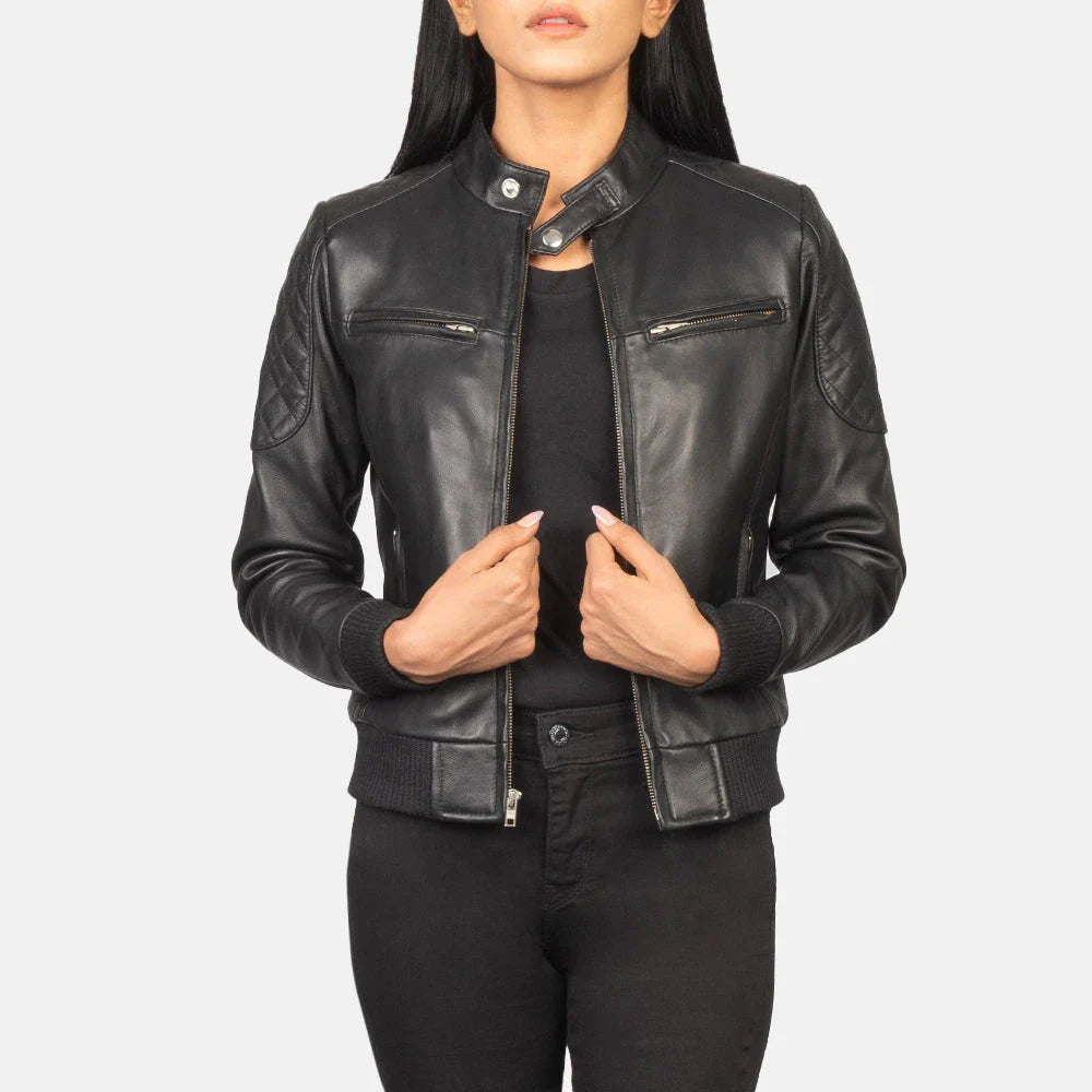Zenna Women's Black Leather Bomber Jacket – Premium Genuine Lambskin Leather Minimalist Flight Jacket