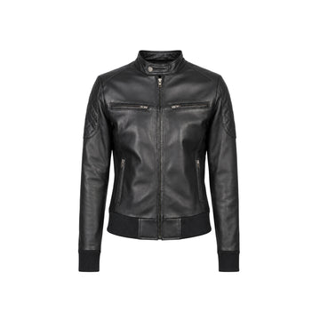 Zenna Women's Black Leather Bomber Jacket – Premium Genuine Lambskin Leather Minimalist Flight Jacket