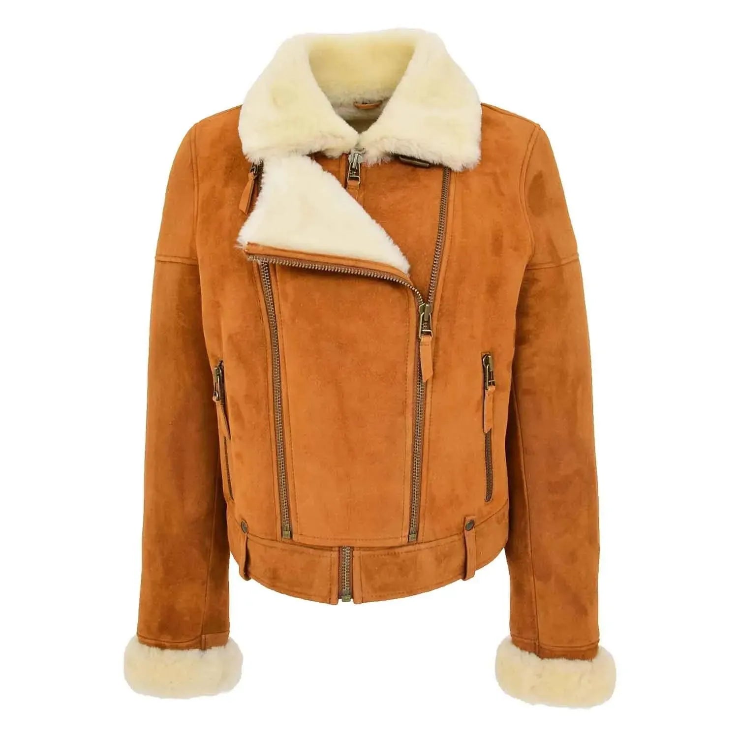 Nora women's tan sheepskin aviator bomber jacket with white shearling lining and classic pilot design