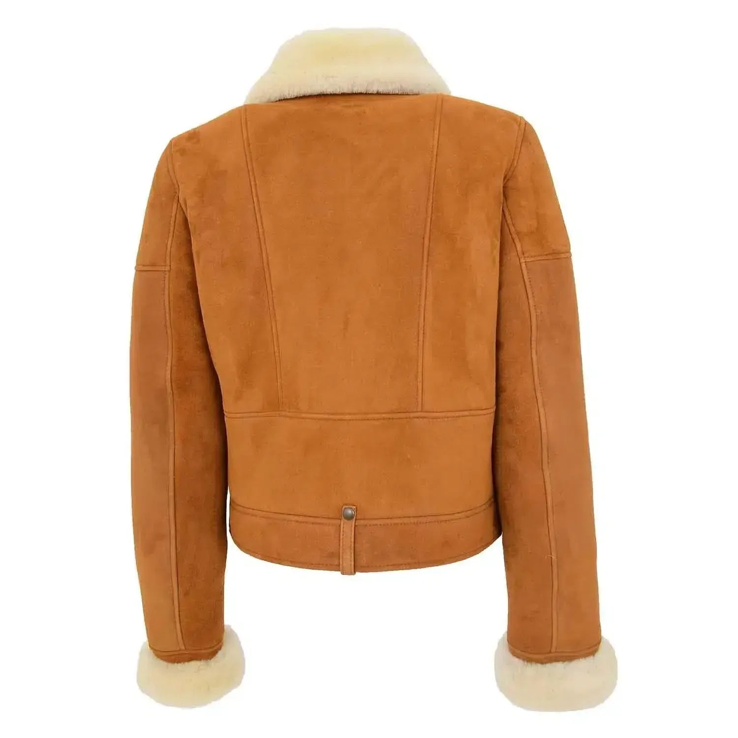Women's Nora tan genuine leather pilot bomber jacket with authentic white sheepskin shearling interior
