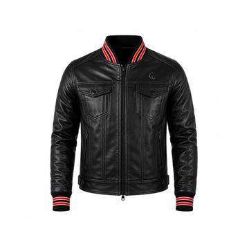 Vanguard Men’s Black Sheepskin Leather Trucker Jacket – Varsity Edition