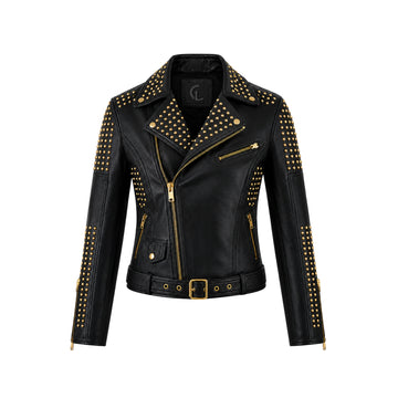 Cielo Rebel Noir Gold Studded Black Cowhide Leather Biker Jacket