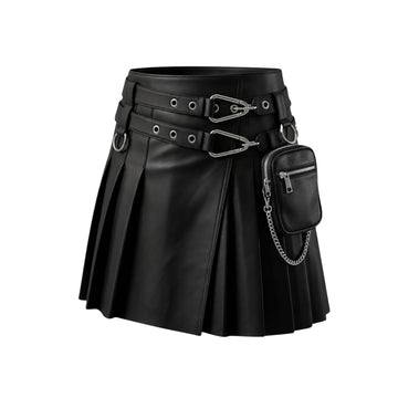 Women's Pleated Leather Mini Skirt with Double Belt Straps & Detachable Chain Pouch