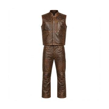 Cielo Irontrail Men’s Distressed Brown Sheepskin Leather Vest & Pants Set